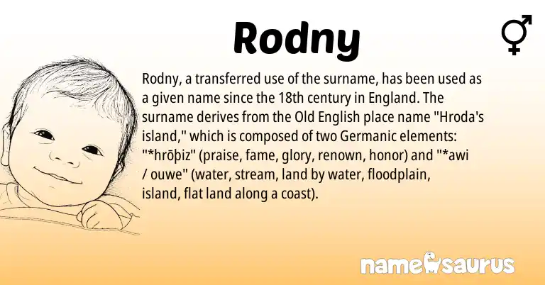 Infographic about Rodny name meaning, Rodny is a name from Old English, Germanic, England origin(s).