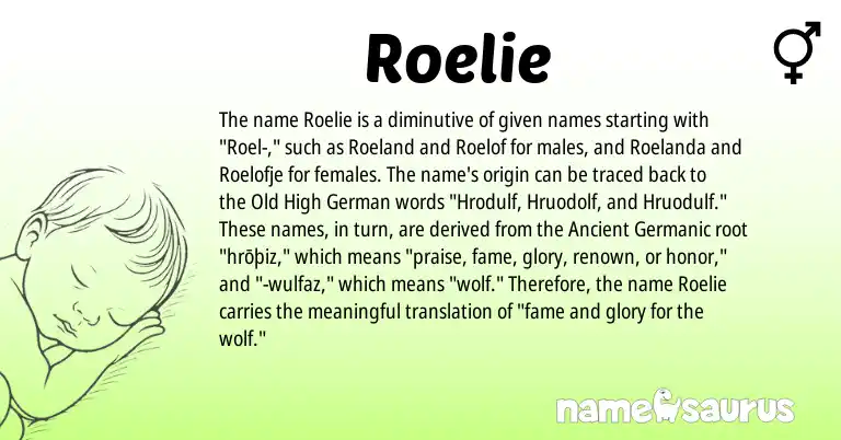 Infographic about Roelie name meaning, Roelie is a name from Old High German, Ancient Germanic origin(s).