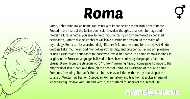 Infographic about Roma name meaning, Roma is a name from Etruscan, Roman, Latin, Hindu, Italian origin(s).