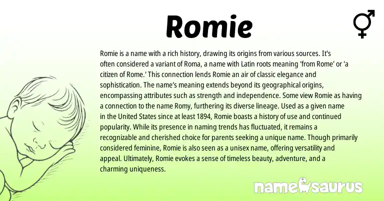 Infographic about Romie name meaning, Romie is a name from Latin origin(s).