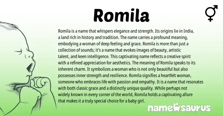 Infographic about Romila name meaning, Romila is a name from Gujarati, Indian, Hindi origin(s).