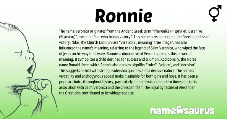Infographic about Ronnie name meaning, Ronnie is a name from Ancient Greek, Latin, Norse, Greek origin(s).
