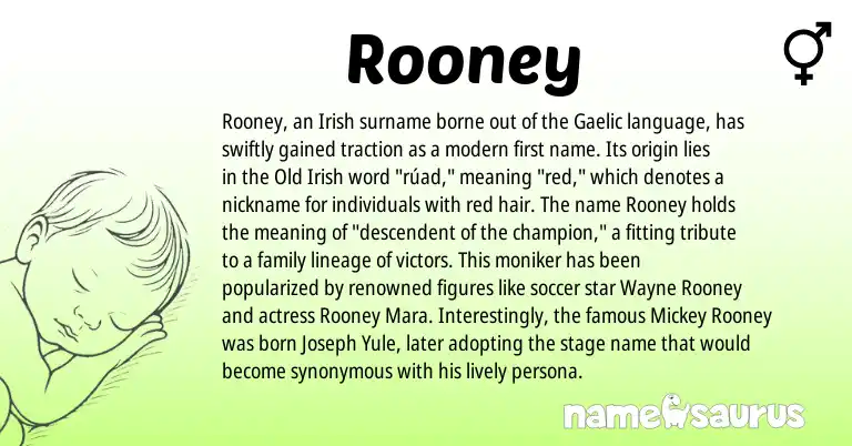 Infographic about Rooney name meaning, Rooney is a name from Irish, Gaelic, Old Irish origin(s).