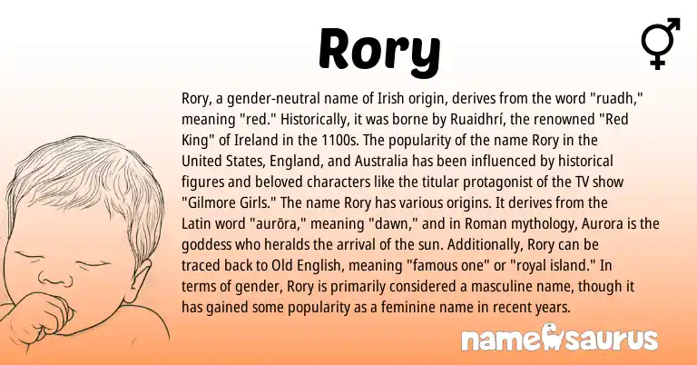 Infographic about Rory name meaning, Rory is a name from Irish, United States, Ireland, England, Latin, Roman, Old English origin(s).