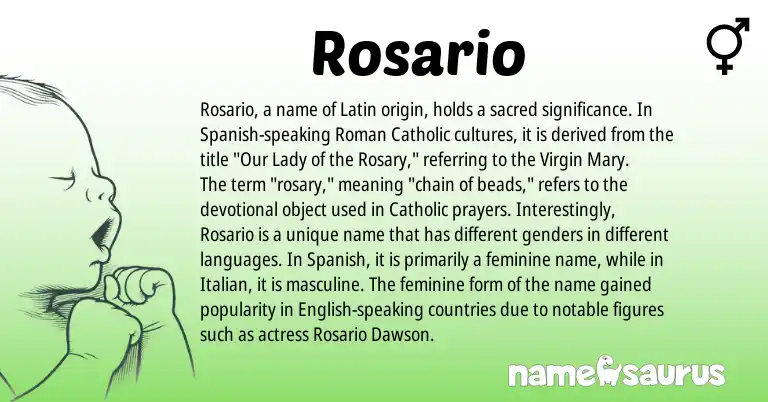 Infographic about Rosario name meaning, Rosario is a name from Spanish, English, Roman, Latin, Italian origin(s).
