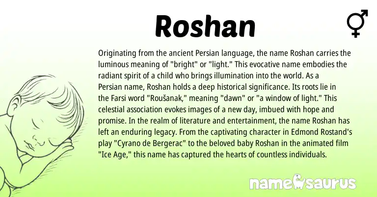 Infographic about Roshan name meaning, Roshan is a name from Persian, Farsi origin(s).