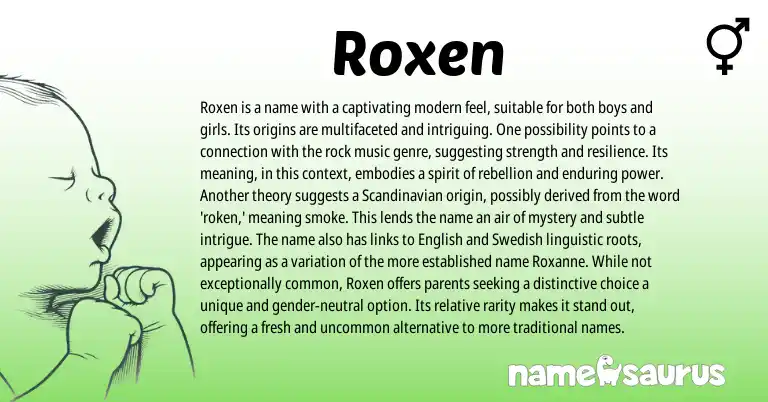 Infographic about Roxen name meaning, Roxen is a name from Scandinavian, English origin(s).