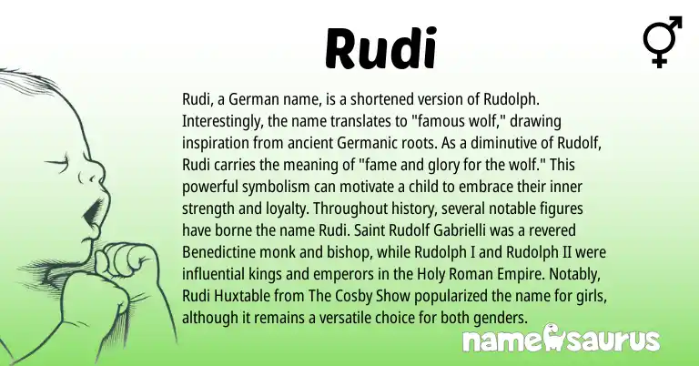 Infographic about Rudi name meaning, Rudi is a name from Roman, German, Germanic origin(s).
