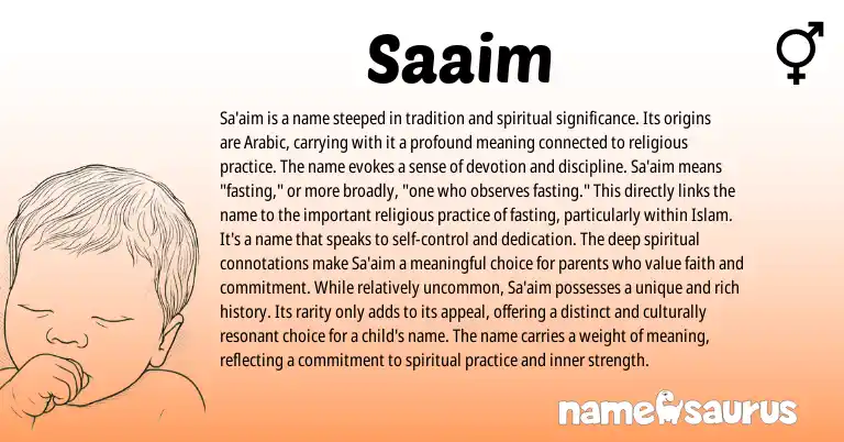 Infographic about Saaim name meaning, Saaim is a name from Arabic origin(s).