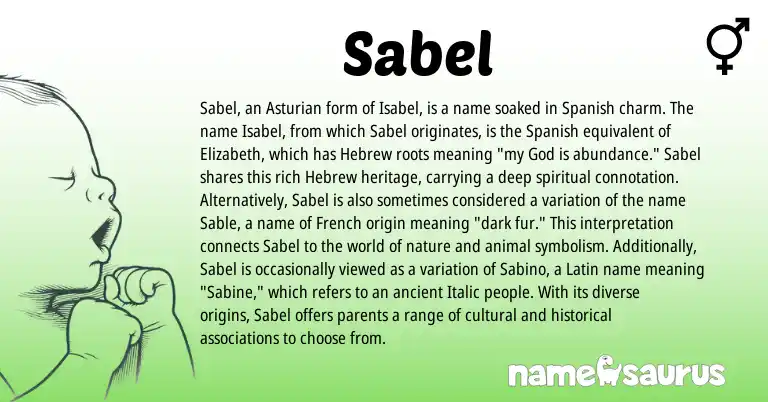 Infographic about Sabel name meaning, Sabel is a name from Asturian, Spanish, French, Latin, Hebrew origin(s).