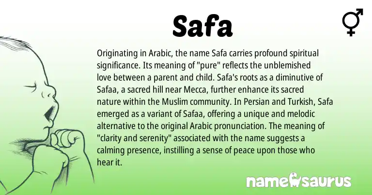 Infographic about Safa name meaning, Safa is a name from Persian, Arabic, Turkish, Muslim origin(s).