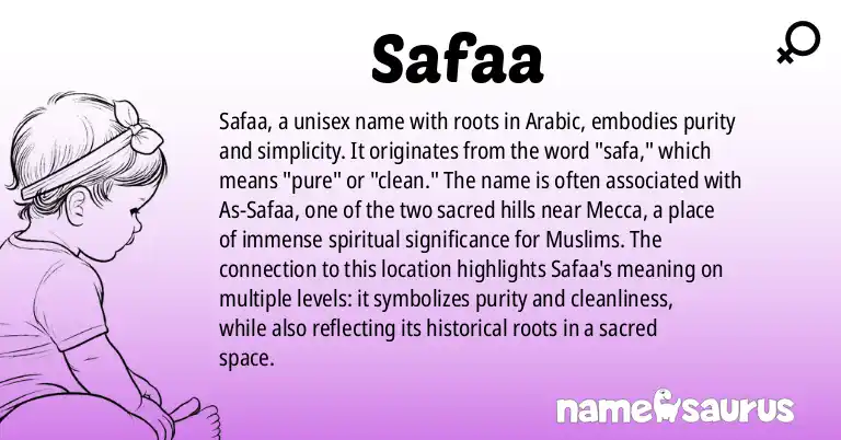 Infographic about Safaa name meaning, Safaa is a name from Arabic origin(s).