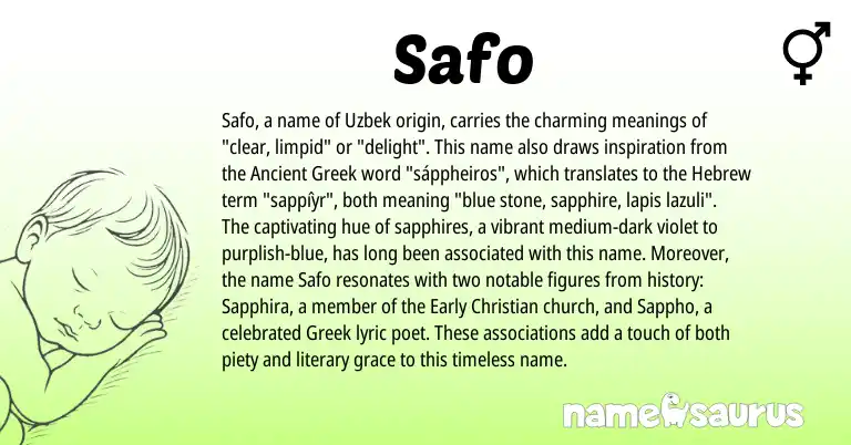 Infographic about Safo name meaning, Safo is a name from Uzbek, Ancient Greek, Hebrew, Greek origin(s).
