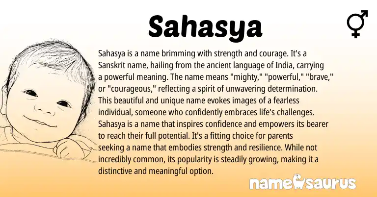 Infographic about Sahasya name meaning, Sahasya is a name from Indian, Sanskrit origin(s).