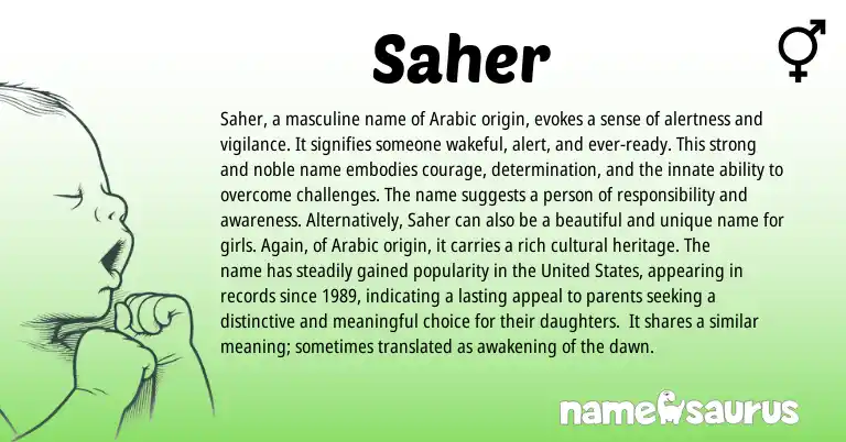 Infographic about Saher name meaning, Saher is a name from Arabic origin(s).