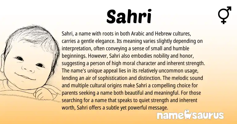 Infographic about Sahri name meaning, Sahri is a name from Indian, Arabic origin(s).