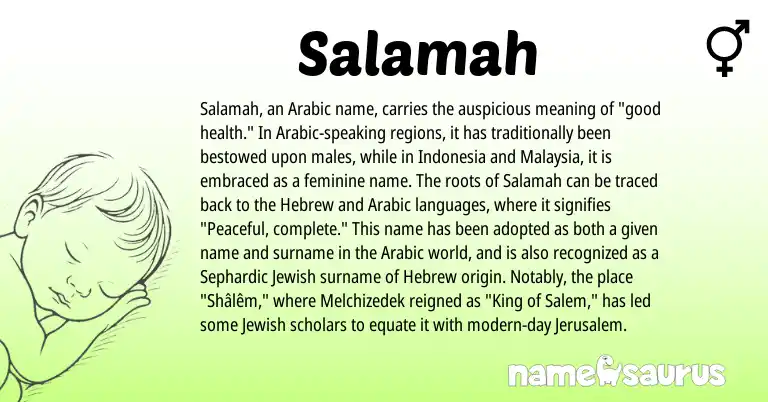 Infographic about Salamah name meaning, Salamah is a name from Jewish, Arabic, Hebrew origin(s).