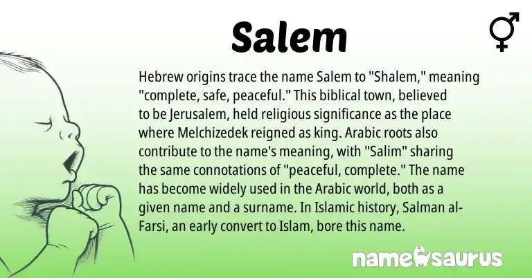 Infographic about Salem name meaning, Salem is a name from Arabic, Farsi, Hebrew origin(s).