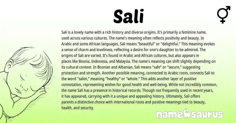 Infographic about Sali name meaning, Sali is a name from Persian, African, Arabic origin(s).