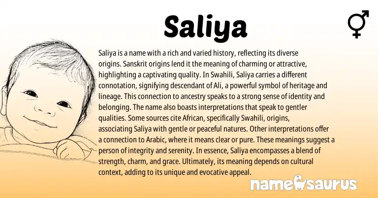 Infographic about Saliya name meaning, Saliya is a name from Indian, Persian, Swahili, Sanskrit origin(s).