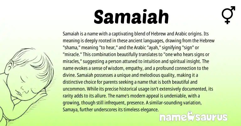 Infographic about Samaiah name meaning, Samaiah is a name from Hebrew, Arabic origin(s).