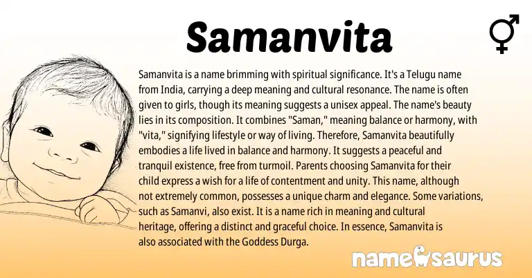 Infographic about Samanvita name meaning, Samanvita is a name from Indian, Sanskrit origin(s).