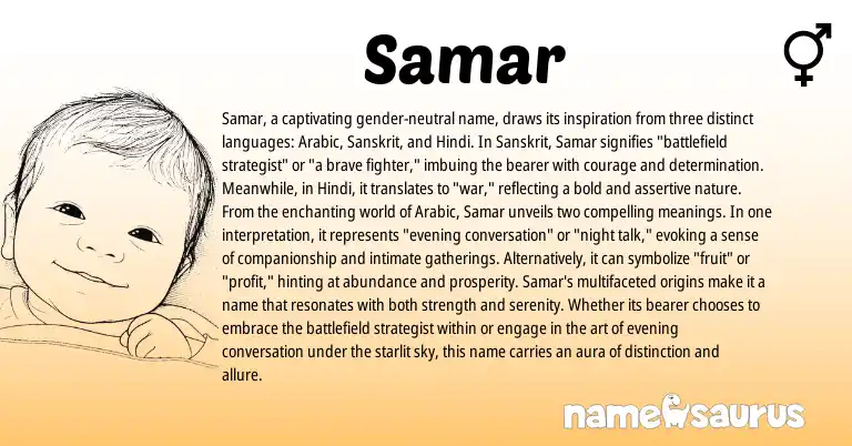 Infographic about Samar name meaning, Samar is a name from Hindi, Sanskrit, Arabic origin(s).