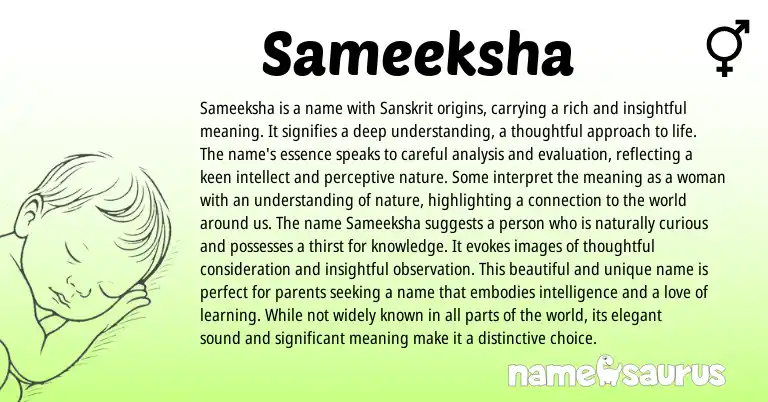 Infographic about Sameeksha name meaning, Sameeksha is a name from Sanskrit origin(s).