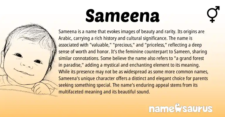 Infographic about Sameena name meaning, Sameena is a name from Arabic origin(s).