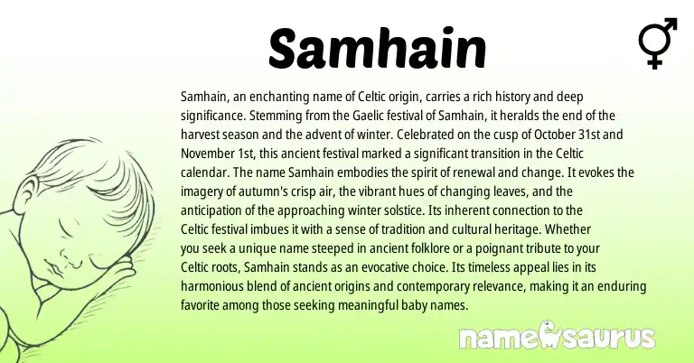 Infographic about Samhain name meaning, Samhain is a name from Gaelic, Celtic origin(s).