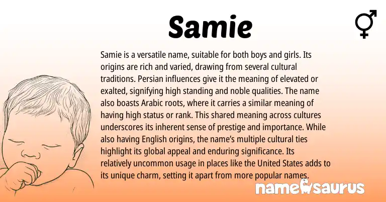 Infographic about Samie name meaning, Samie is a name from Persian, Arabic origin(s).