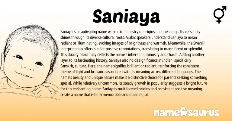 Infographic about Saniaya name meaning, Saniaya is a name from Swahili, Arabic origin(s).