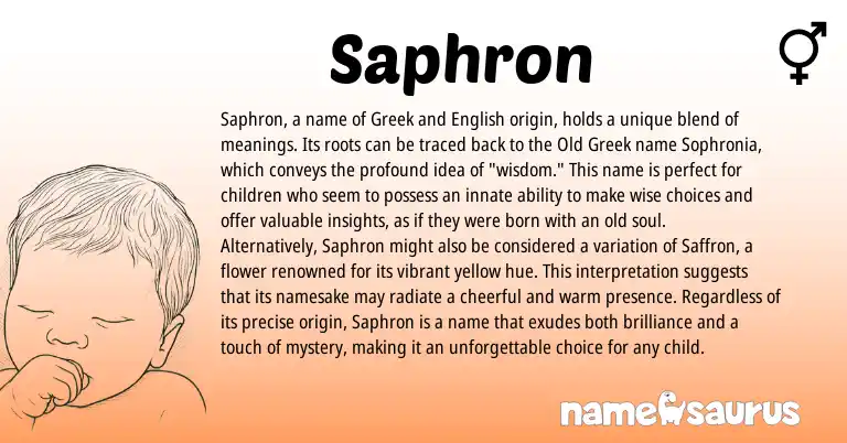 Infographic about Saphron name meaning, Saphron is a name from English, Old Greek, Greek origin(s).