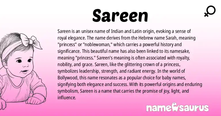 Infographic about Sareen name meaning, Sareen is a name from Indian, Latin origin(s).
