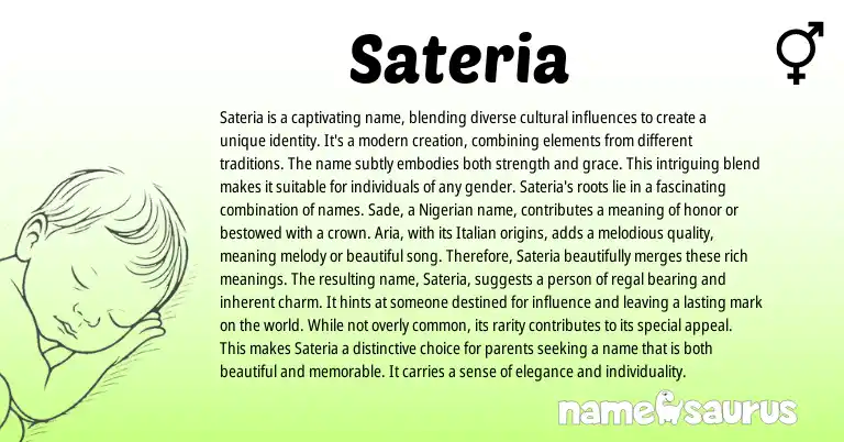 Infographic about Sateria name meaning, Sateria is a name from Italian, Nigerian origin(s).