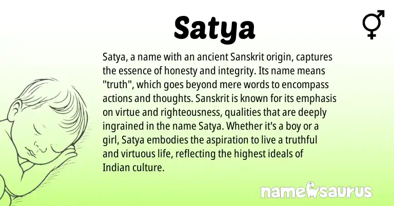 Infographic about Satya name meaning, Satya is a name from Sanskrit, Indian origin(s).