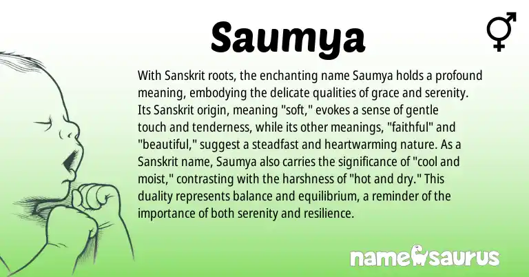 Infographic about Saumya name meaning, Saumya is a name from Sanskrit origin(s).