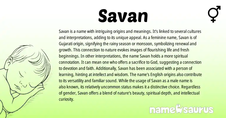 Infographic about Savan name meaning, Savan is a name from Indian, Gujarati origin(s).