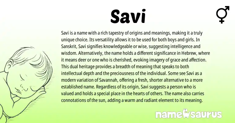 Infographic about Savi name meaning, Savi is a name from Indian, Hebrew, Sanskrit origin(s).