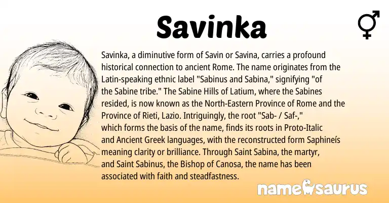 Infographic about Savinka name meaning, Savinka is a name from Ancient Greek, Latin origin(s).