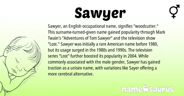 Infographic about Sawyer name meaning, Sawyer is a name from English, American origin(s).