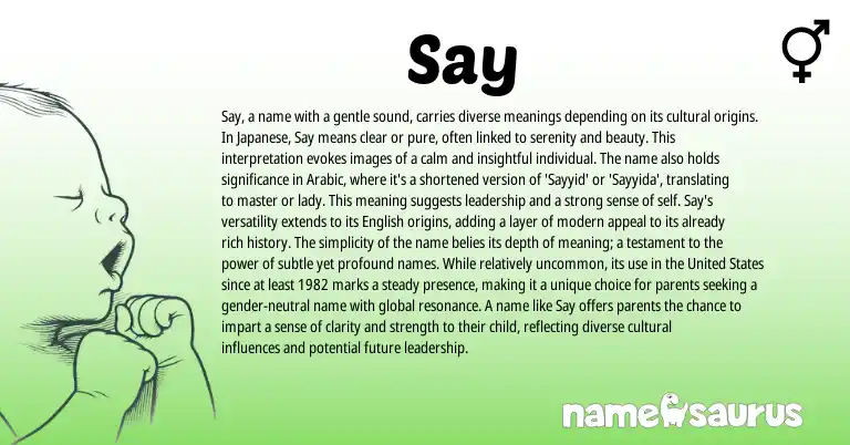 Infographic about Say name meaning, Say is a name from Japanese, Arabic origin(s).