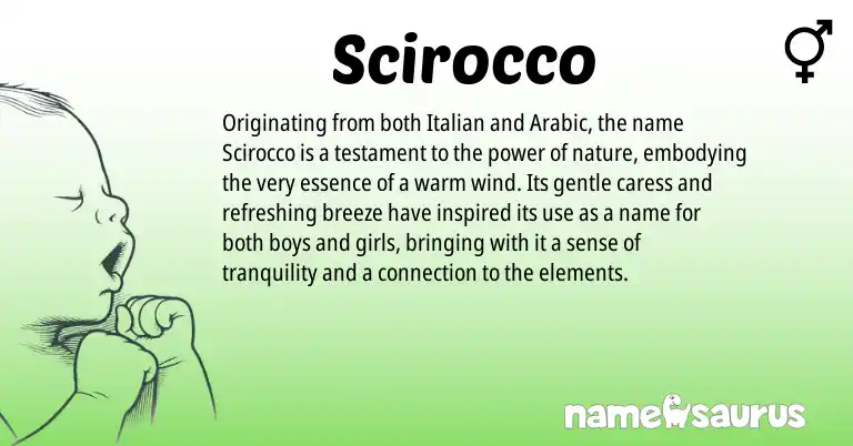 Infographic about Scirocco name meaning, Scirocco is a name from Arabic, Italian origin(s).