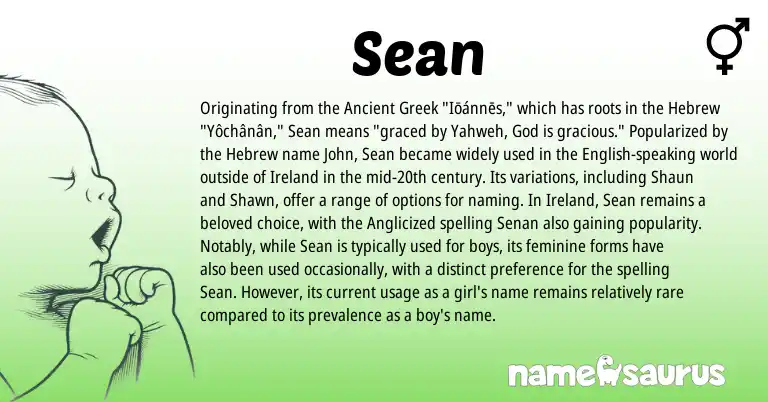 Infographic about Sean name meaning, Sean is a name from Ireland, English, Ancient Greek, Hebrew origin(s).