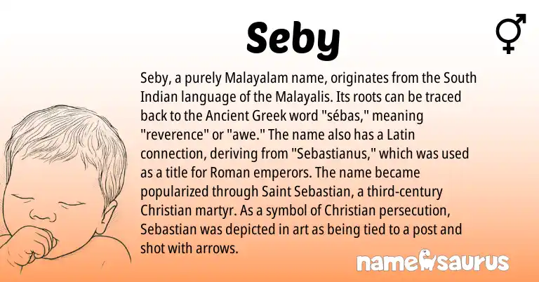 Infographic about Seby name meaning, Seby is a name from Malayalam, Ancient Greek, South Indian, Roman, Latin origin(s).
