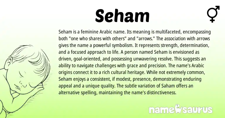 Infographic about Seham name meaning, Seham is a name from Arabic origin(s).