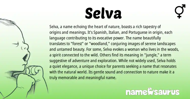 Infographic about Selva name meaning, Selva is a name from Latin, Spanish, Arabic origin(s).