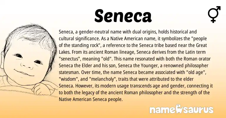 Infographic about Seneca name meaning, Seneca is a name from Native American, Roman, Latin origin(s).