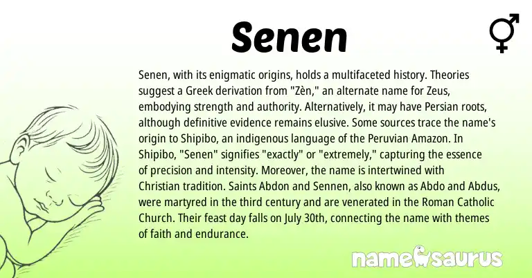 Infographic about Senen name meaning, Senen is a name from Roman, Persian, Greek origin(s).