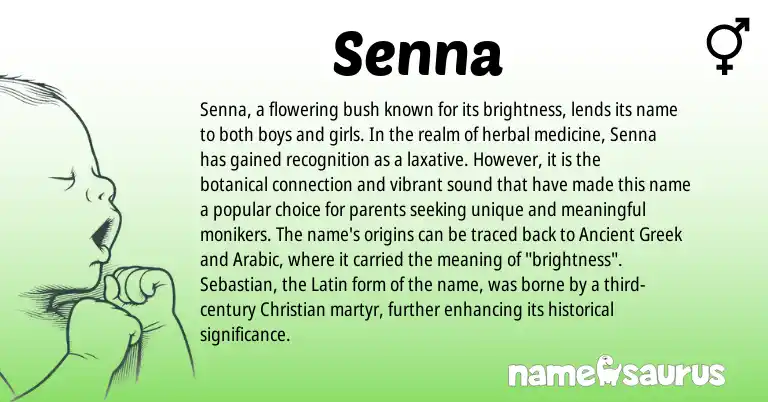 Infographic about Senna name meaning, Senna is a name from Ancient Greek, Arabic, Latin origin(s).